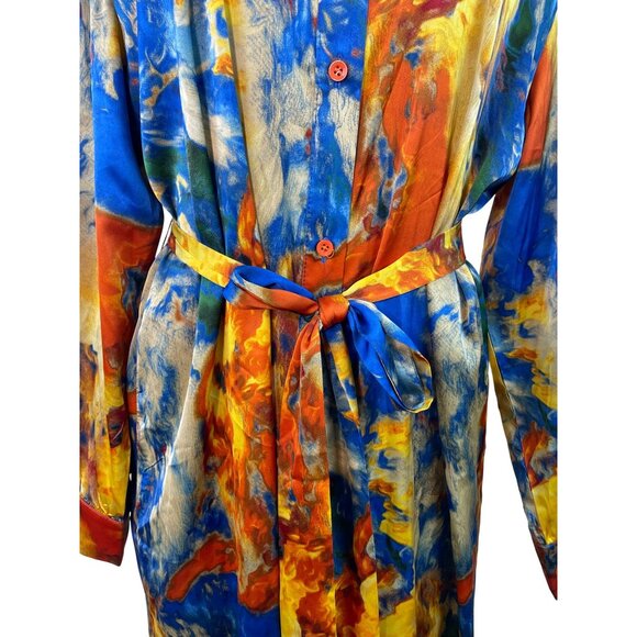 Fashion Nova Abstract Print Long-Sleeve Button-Down Belted Midi Dress Sz L - New - Picture 5 of 9